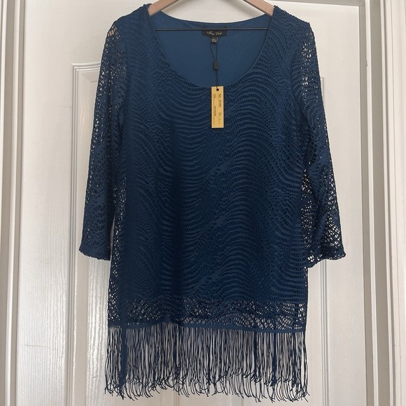 Melissa Paige Tops - Melissa Paige Crochet Fringe Blouse Boho Hippie Flowy Size Large NWT Blue